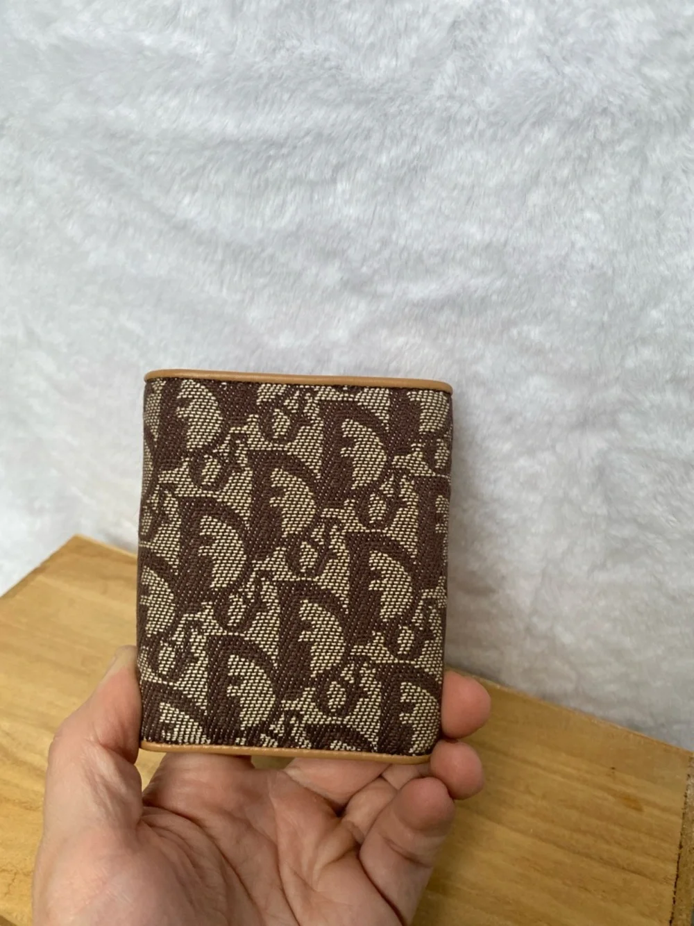 Dior Brown Canvas Wallet with Tan Leather Trim